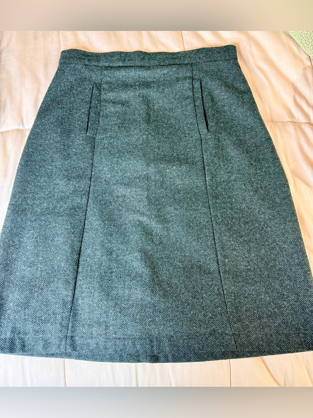 Modcloth wool blend preppy green black herringbone A line skirt lined pockets L - Picture 3 of 12